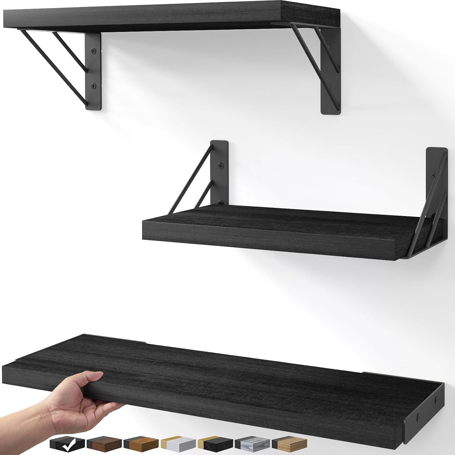 Set of 4 Floating Wall Shelves Black Wood Mount Storage Display Shelves by BAYKA