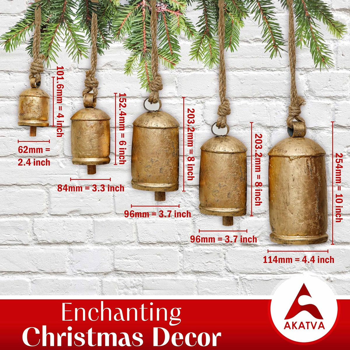 Big Box Wholesale - 5-Pack - AKATVA Large Brass Cow Bell Wind Chimes Rustic Farmhouse Decor - Photo 5