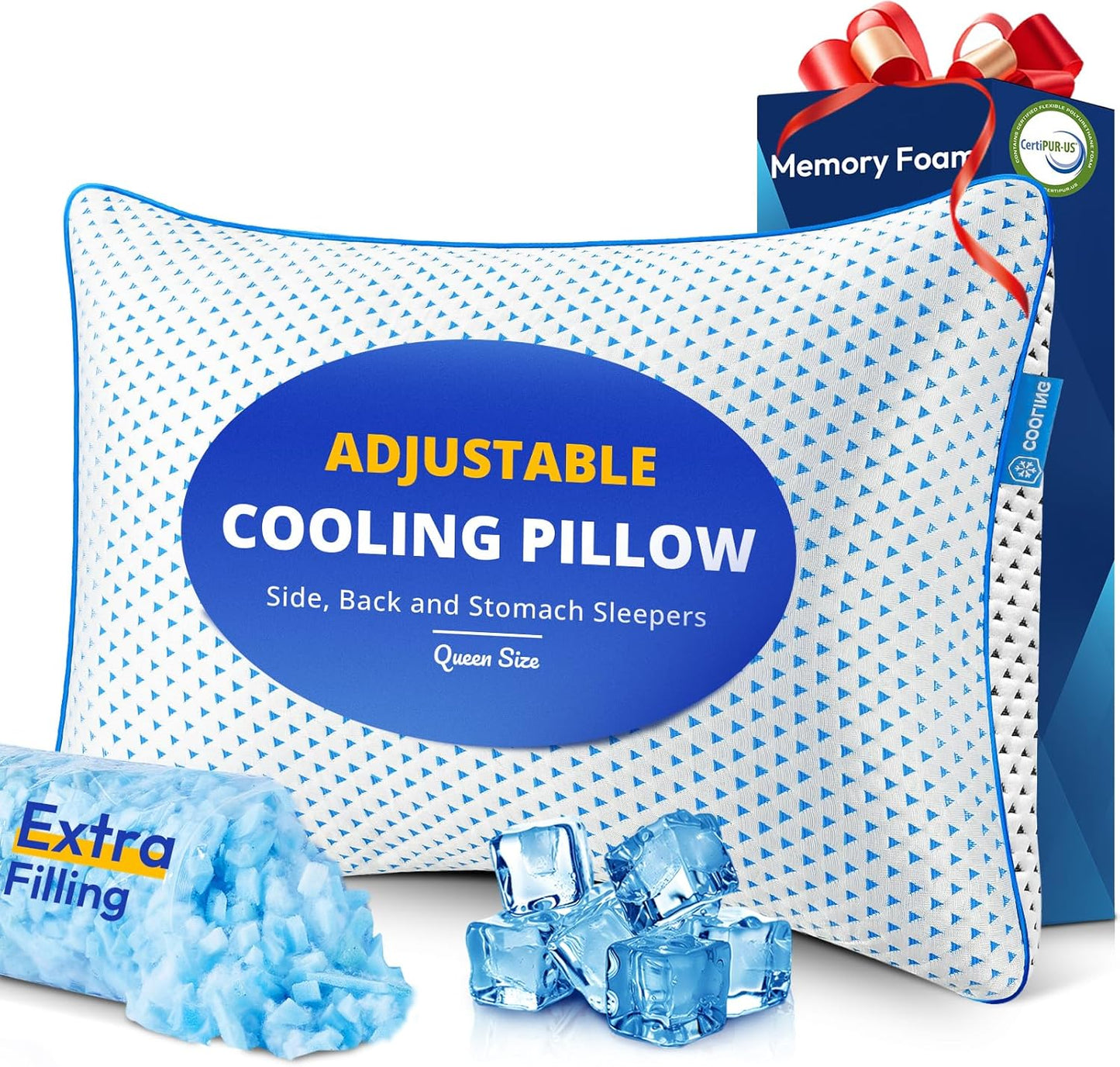 Adjustable Cooling Gel Memory Foam Pillows Queen Size for Sleeping 1 Pack by Unbranded