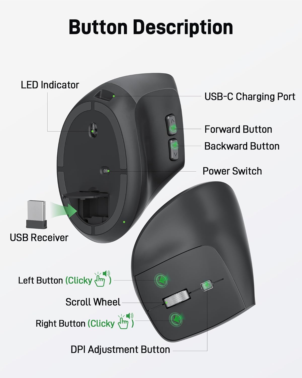 Lot of 3 - Acer Wireless Ergonomic Mice - Black Rechargeable Via USB With Adjustable DPI