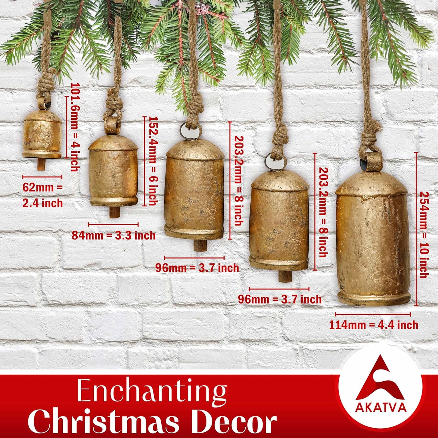 Lot of 3 - AKATVA Large Brass Cow Bell Wind Chimes Rustic Farmhouse Decor