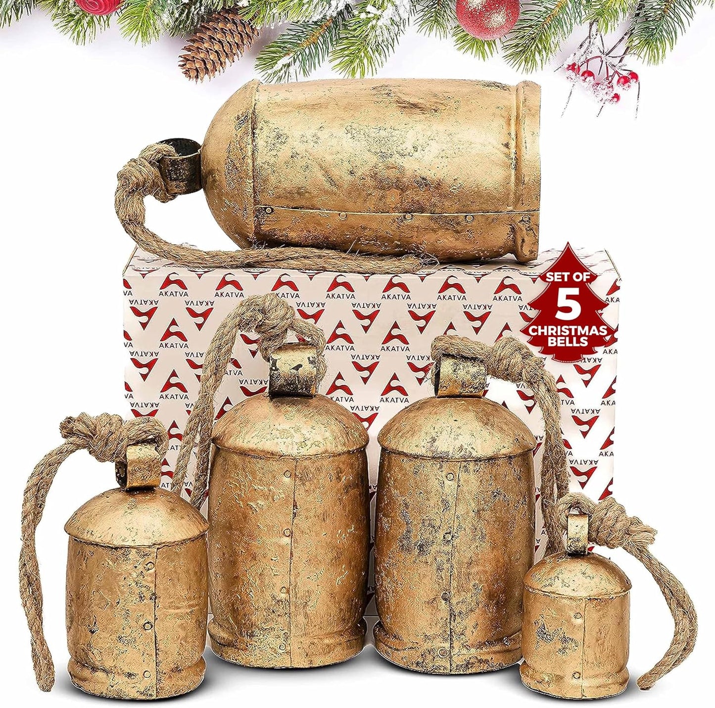 Lot of 3 - AKATVA Large Brass Cow Bell Wind Chimes Rustic Farmhouse Decor
