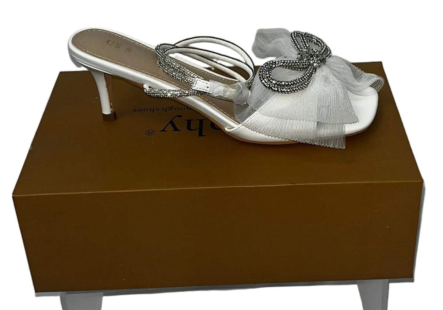 Perphy Women's Rhinestone Bow Kitten Heel Mule Sandals White