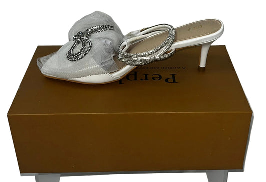 Perphy Women's Rhinestone Bow Kitten Heel Mule Sandals White