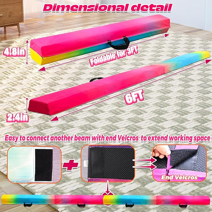PreGymnastic Folding Gymnastics Balance Beam – 6FT & 8FT Suede EVA Foam Rounded Edge
