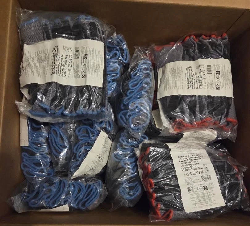Lot of 24 - 12-Pack Work Gloves – Mixed Colors – Sizes 7–12 – General Use Grip Gloves (288 pairs)