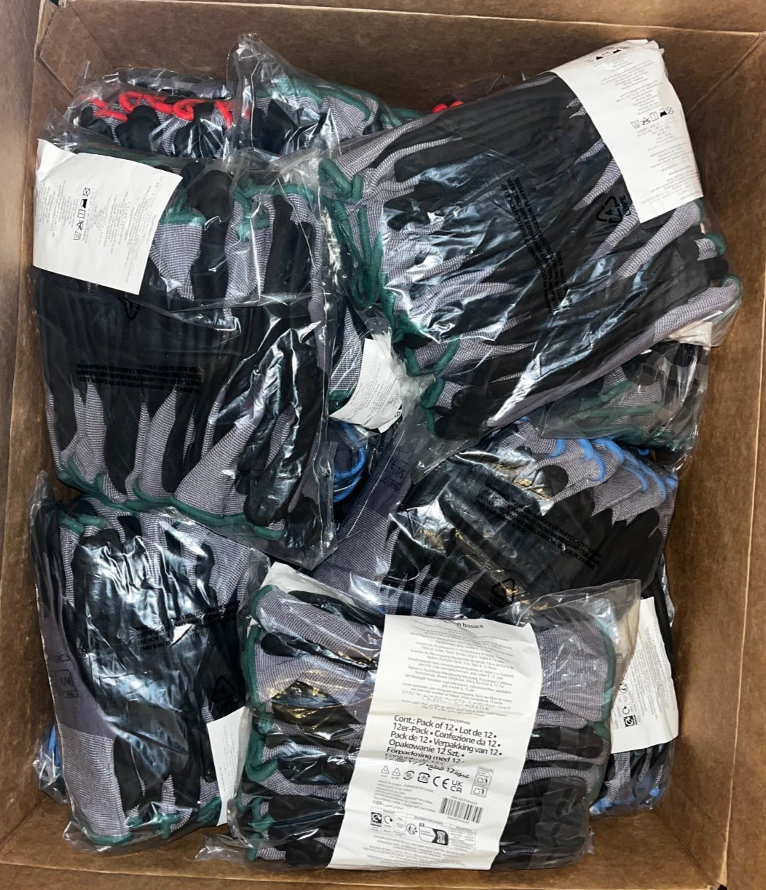 Lot of 24 - 12-Pack Work Gloves – Mixed Colors – Sizes 7–12 – General Use Grip Gloves (288 pairs)