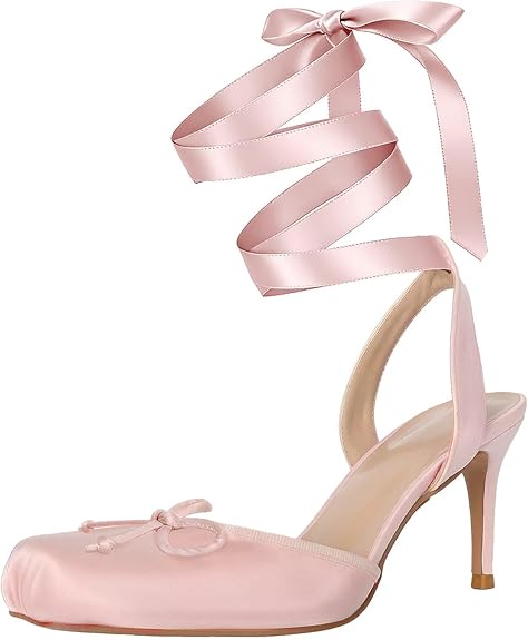Satin Ballet Heels for Women, Lace Up Ballet Pumps with Bow, Square Toe High Slingback Heel, Strappy Elegant Dress Stiletto - Mary Jane Ballerina Shoes for Party and Wedding