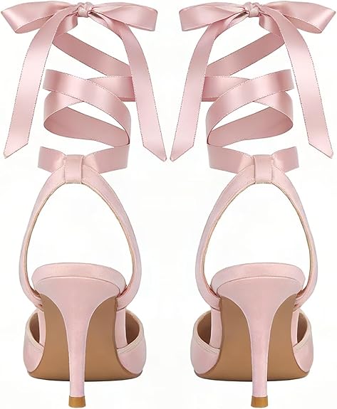 Satin Ballet Heels for Women, Lace Up Ballet Pumps with Bow, Square Toe High Slingback Heel, Strappy Elegant Dress Stiletto - Mary Jane Ballerina Shoes for Party and Wedding