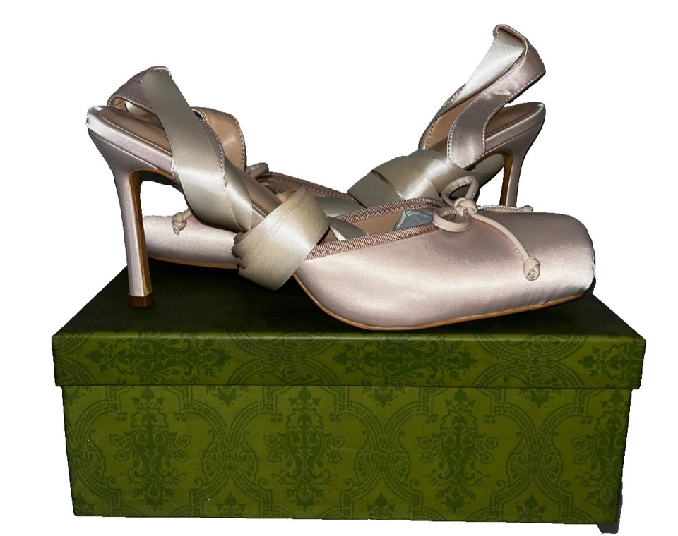 Satin Ballet Heels for Women, Lace Up Ballet Pumps with Bow, Square Toe High Slingback Heel, Strappy Elegant Dress Stiletto - Mary Jane Ballerina Shoes for Party and Wedding