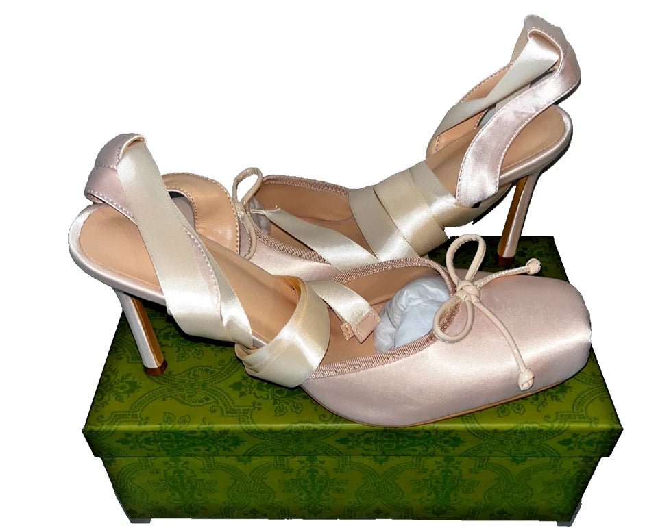Satin Ballet Heels for Women, Lace Up Ballet Pumps with Bow, Square Toe High Slingback Heel, Strappy Elegant Dress Stiletto - Mary Jane Ballerina Shoes for Party and Wedding