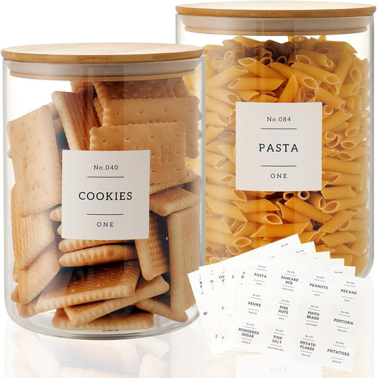 Set of 2 - Glass Storage Jars with Bamboo Lids - Airtight Kitchen Pantry Jars