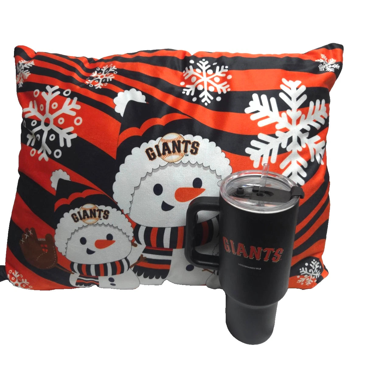 San Francisco Giants Holiday Pillow & 20oz Insulated Tumbler Bundle–Winter Fans