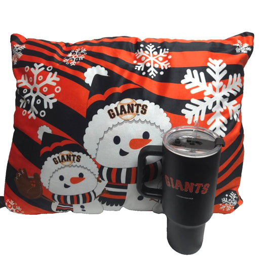 San Francisco Giants Holiday Pillow & 20oz Insulated Tumbler Bundle–Winter Fans