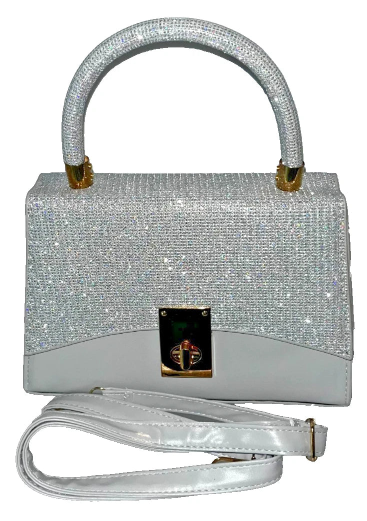 Silver Rhinestone Evening Bag, Top Handle Clutch Purse With Strap, Wedding Formal