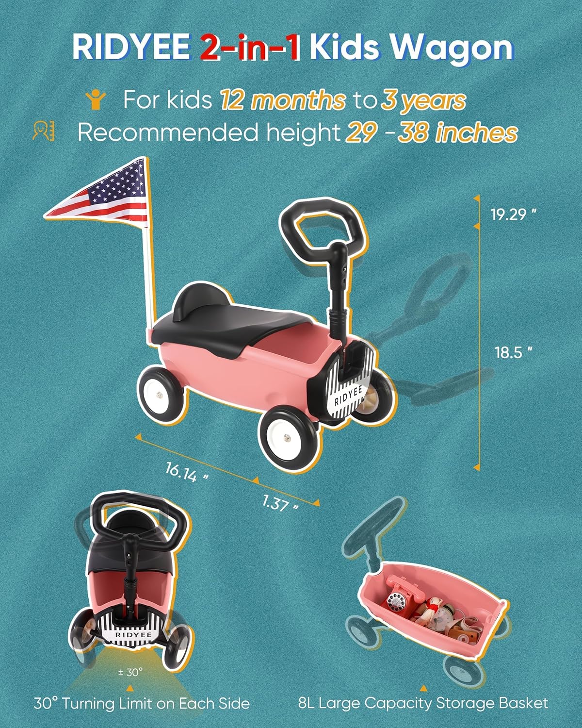 RIDYEE 2-in-1 Toy Wagon for Toddlers 1-3, Kids Pull-Along Wagon with Removable Seat