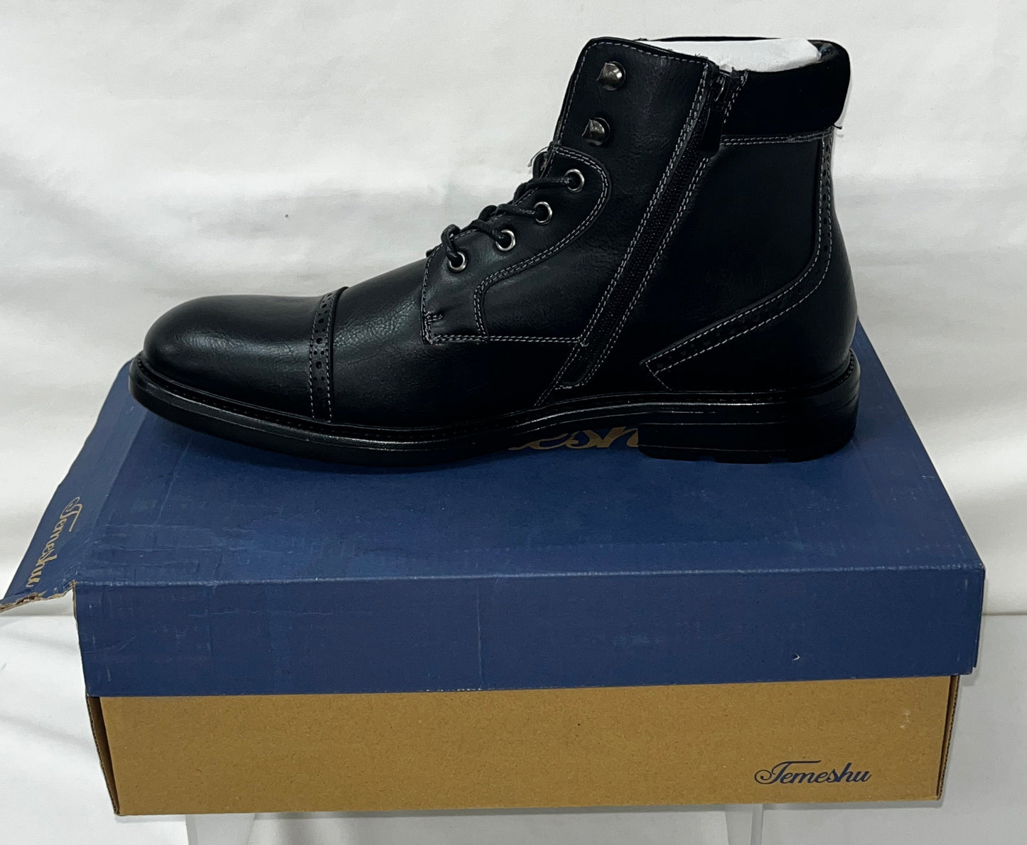 Temeshu Men's Black Cap Toe Combat Boots Lace Up Side Zip Ankle Boots