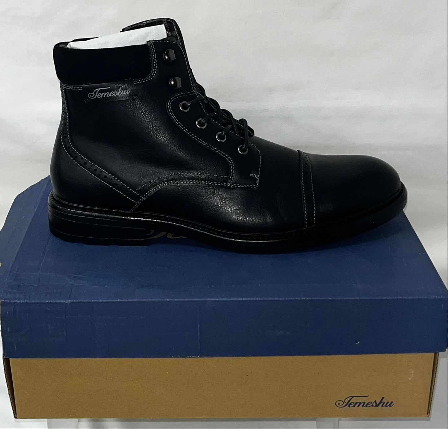 Temeshu Men's Black Cap Toe Combat Boots Lace Up Side Zip Ankle Boots