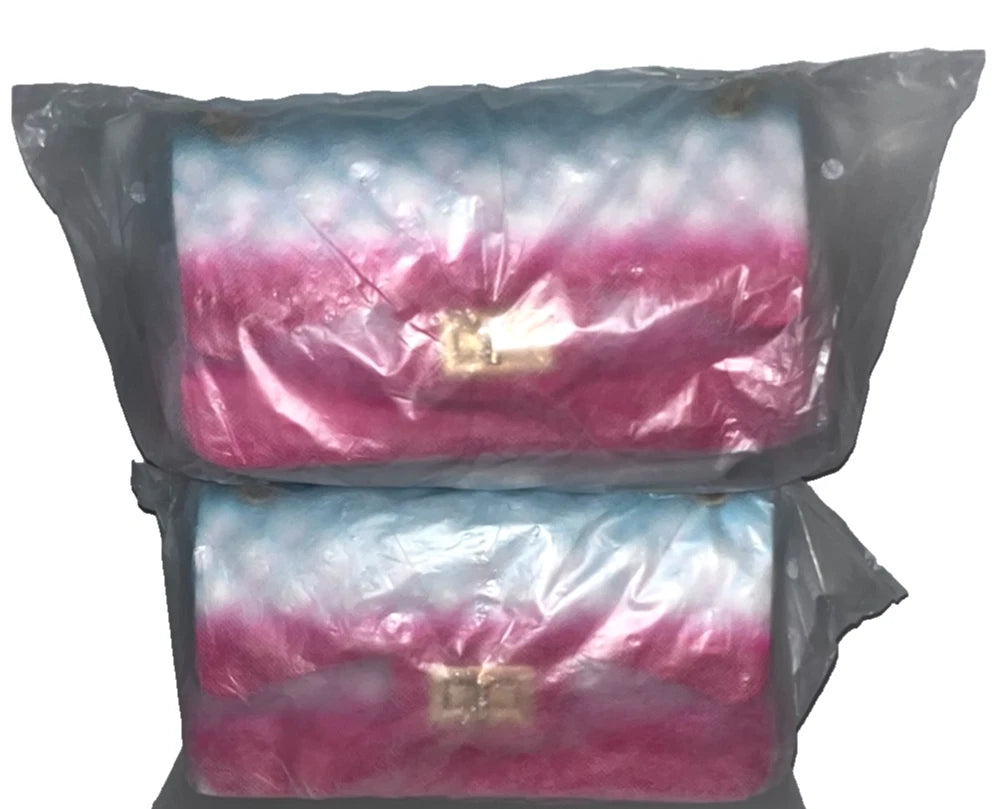 Lot of 2 - Quilted Jelly Handbag Purse, Chain Strap, Pink & Blue Ombre - New