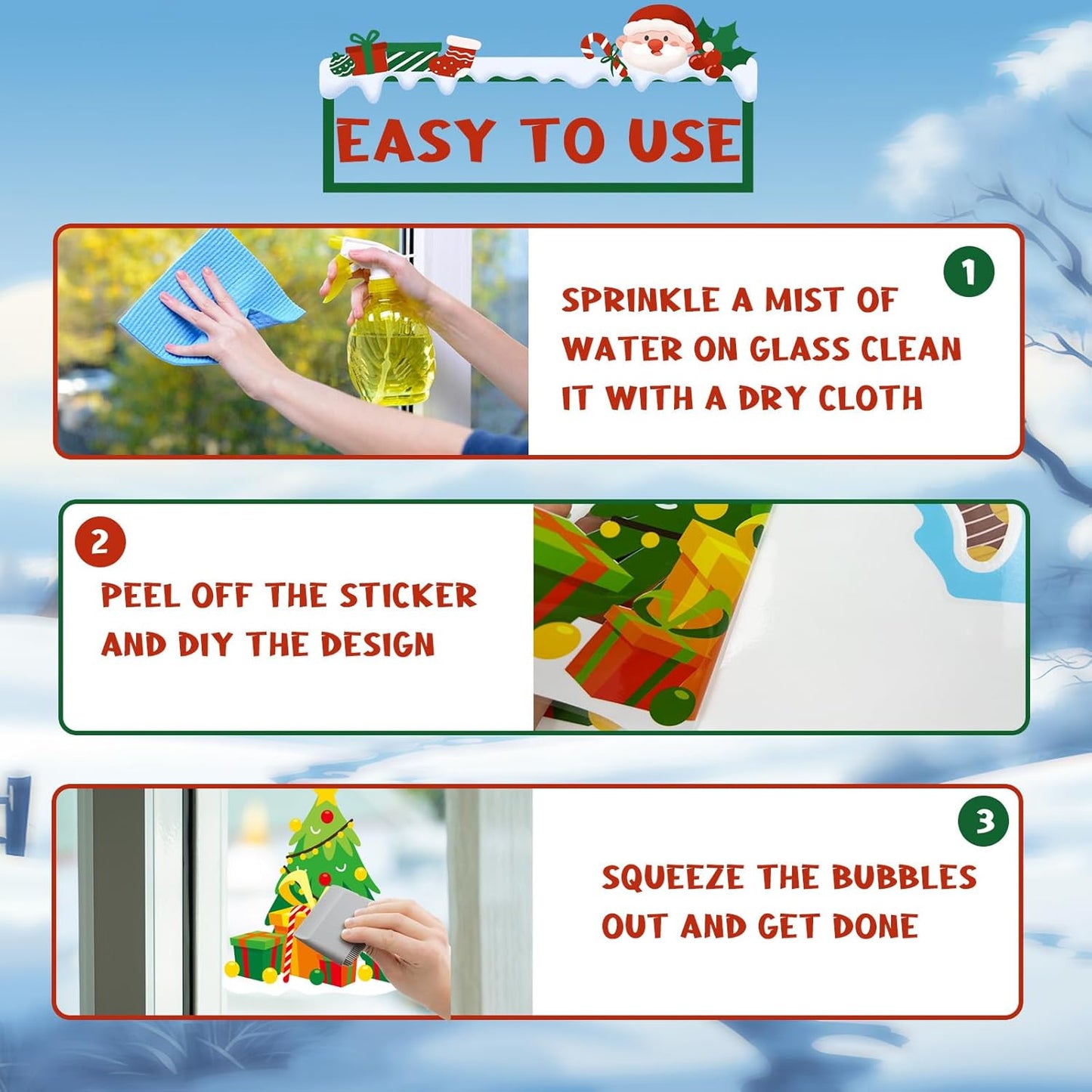 Lot of 3 - Christmas Window Stickers Reusable Holiday Window Clings Large