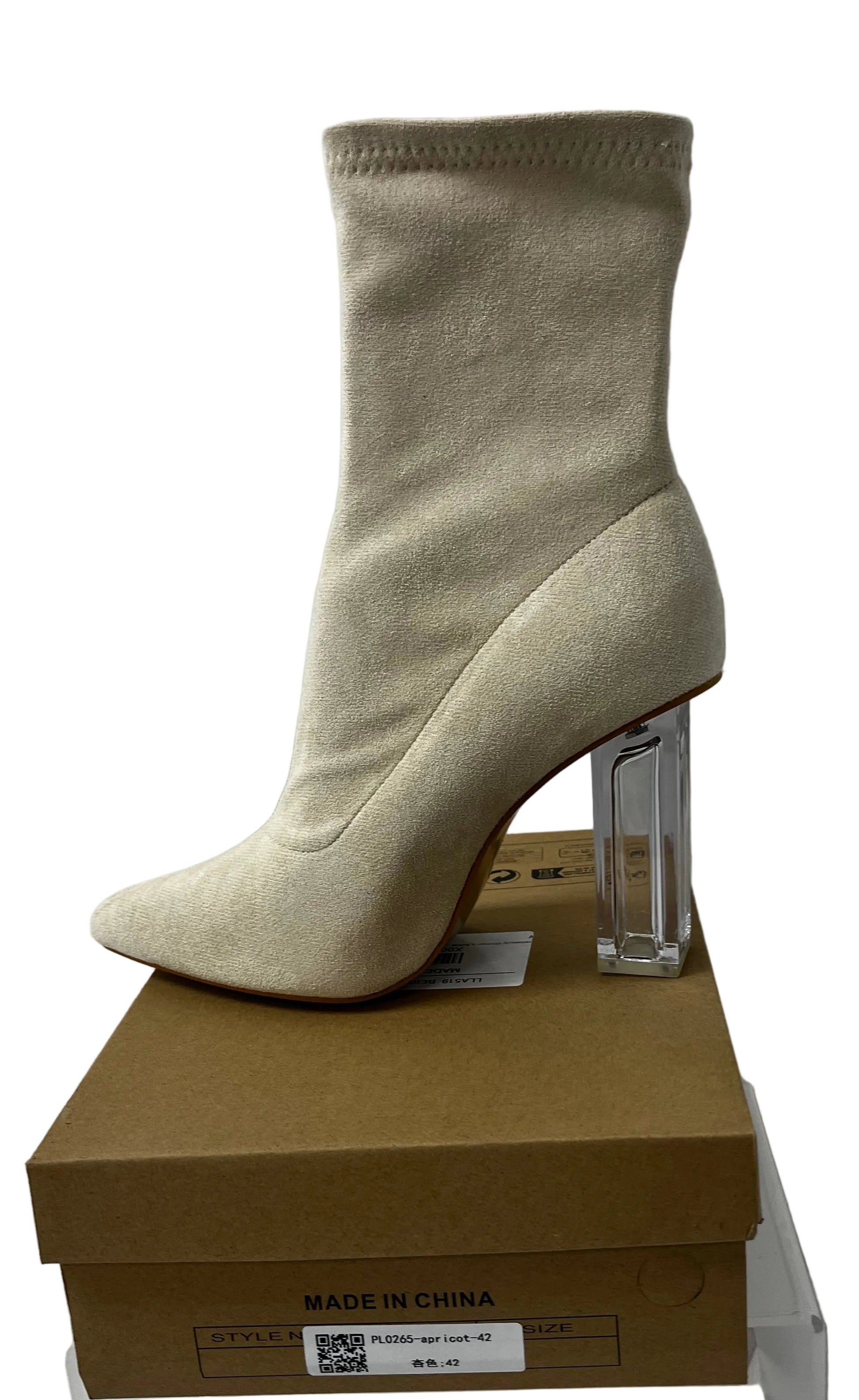 Women's Beige Stretch Sock Ankle Boots Clear Block Heel Size 10 / EU 42