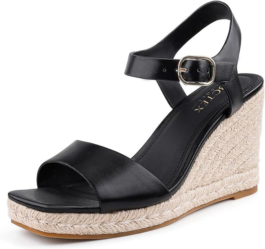 BCTEX COLL Women's Black Espadrille Wedge Sandals Ankle Strap Size 8.5 New by BCTEX COLL