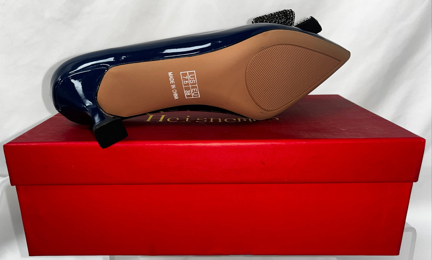 Lot of - 4 Heishemca Navy Blue Patent Bow Kitten Heel Pumps Women's US 7.5 New by Heishemca