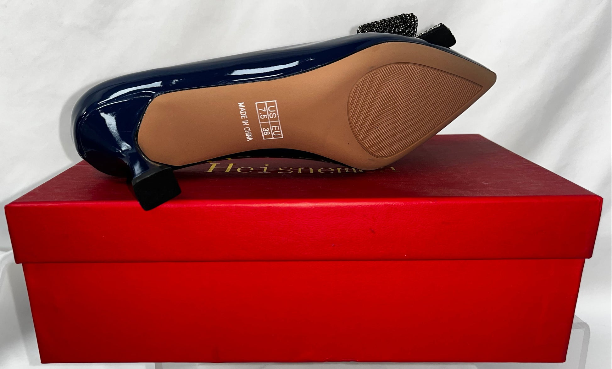 Lot of - 4 Heishemca Navy Blue Patent Bow Kitten Heel Pumps Women's US 7.5 New by Heishemca