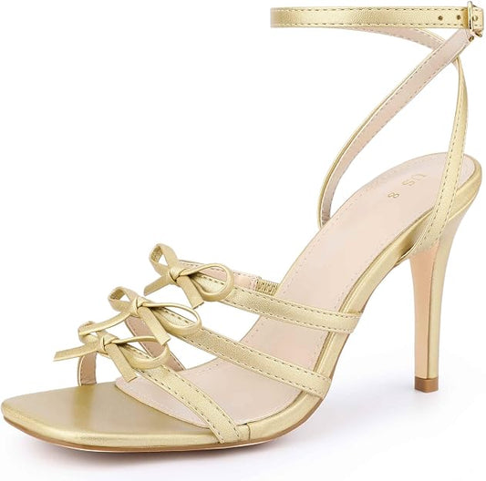 Perphy Women's Gold Strappy High Heel Slide Sandals Size 9.5 Rhinestone Bow New by Perphy