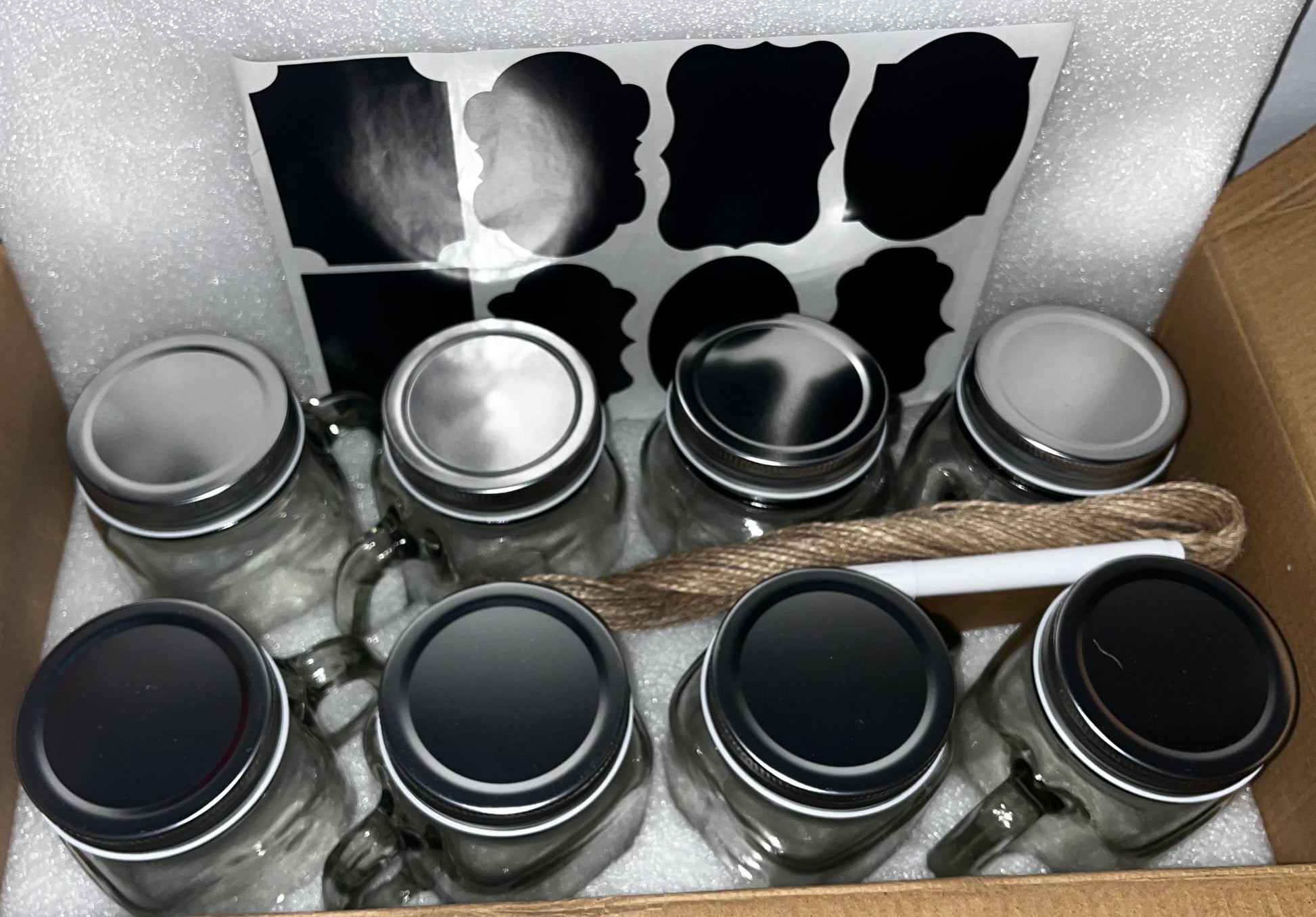 Mason Jars - Drinking Glass Set with Lids, Straws & Labels - 8 Pack 16oz