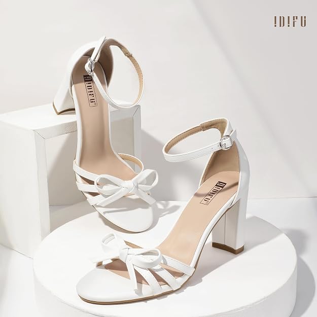 IDIFU Women's White Bow Ankle Strap Block Heel Sandals Size 7.5 New in Box by IDIFU