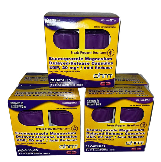 Lot of 5 - Ohm Esomeprazole Magnesium 20mg Acid Reducer 28 Caps by Ohm