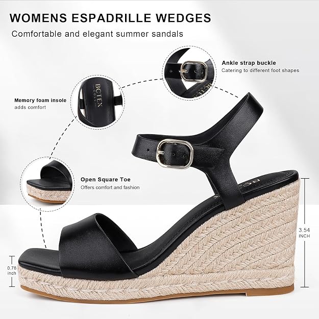 BCTEX COLL Women's Black Espadrille Wedge Sandals Ankle Strap Size 8.5 New by BCTEX COLL