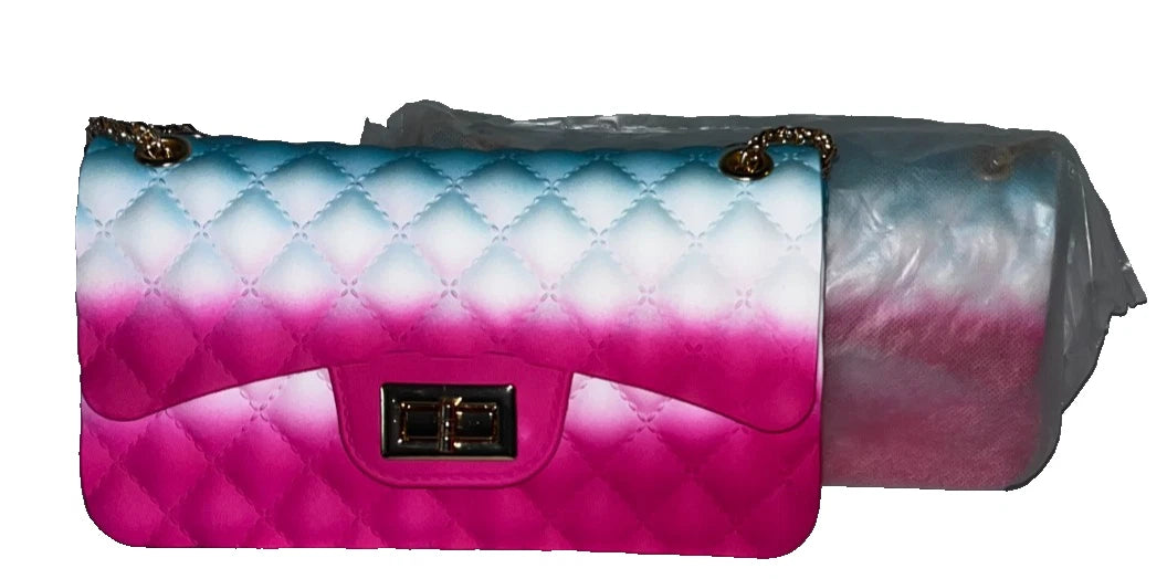 Lot of 2 - Quilted Jelly Handbag Purse, Chain Strap, Pink & Blue Ombre - New