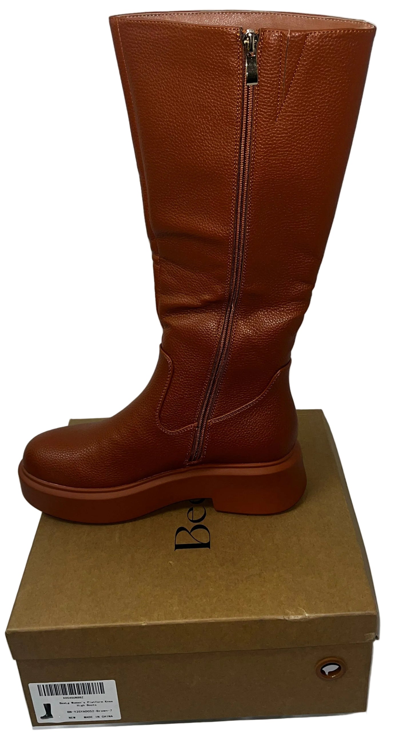 BeeLg Women's Platform Knee High Boots Brown Size 7 Side Zip Chunky Sole New by BeeLg