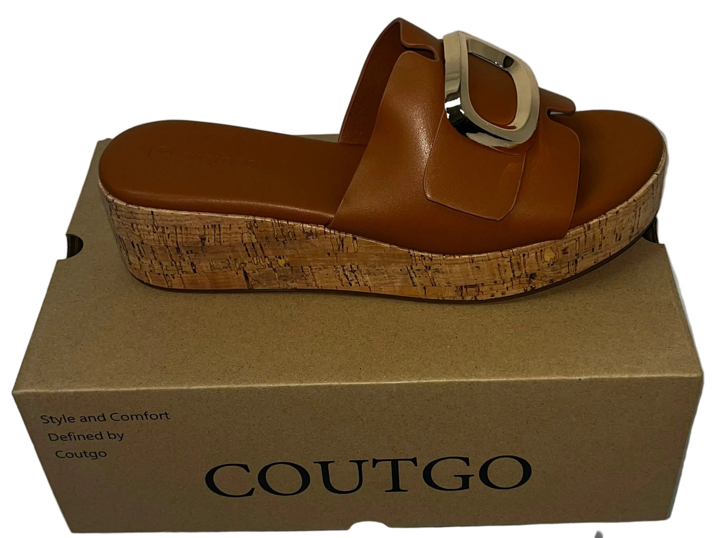 Coutgo Women's Cork Platform Slide Sandals Brown Slip On Buckle Size 8.5 New by Coutgo