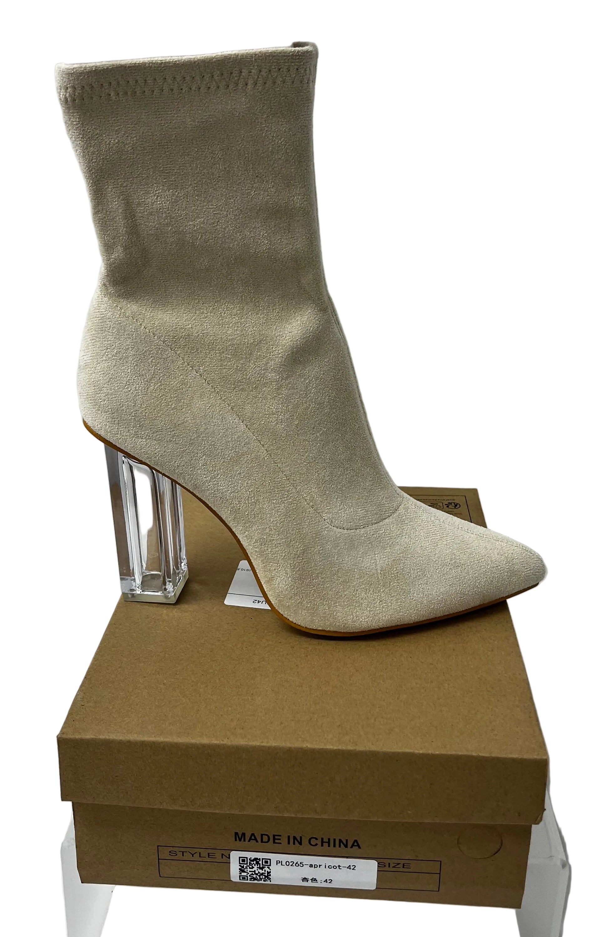 Women's Beige Stretch Sock Ankle Boots Clear Block Heel Size 10 / EU 42