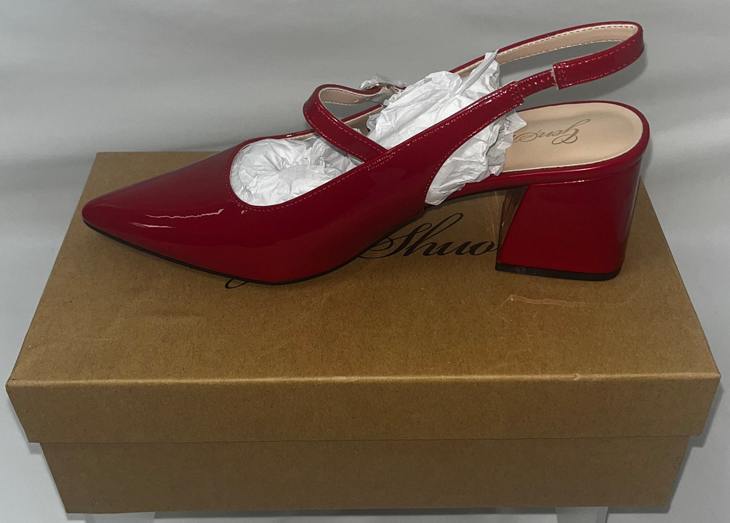 GENSHUO Women's Red Patent Slingback Block Heel Pumps Size 8 New by GENSHUO