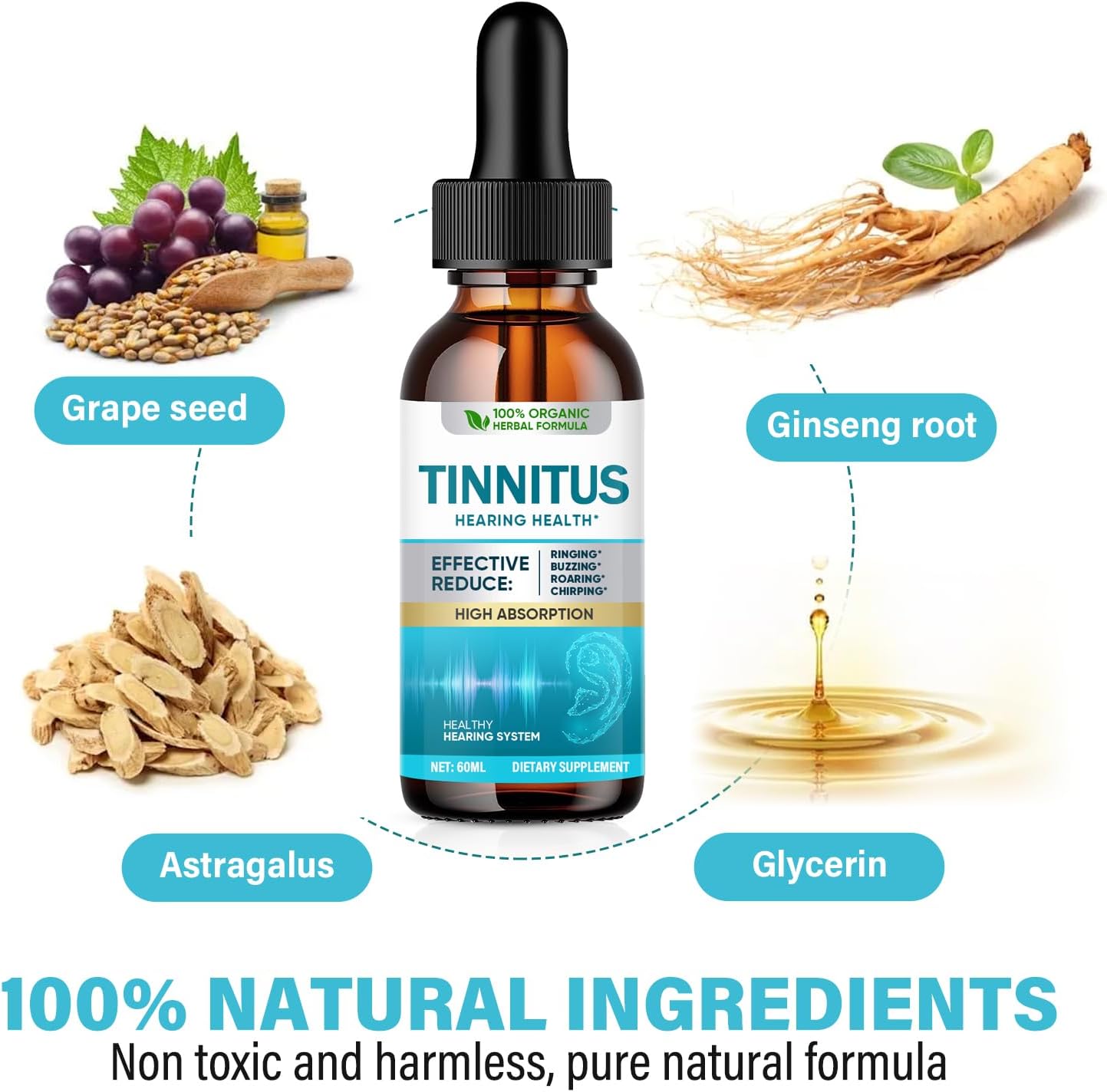 Lot of 5 - Tinnitus Hearing Health Ear Drops Herbal Formula 60ML by Tinnitus