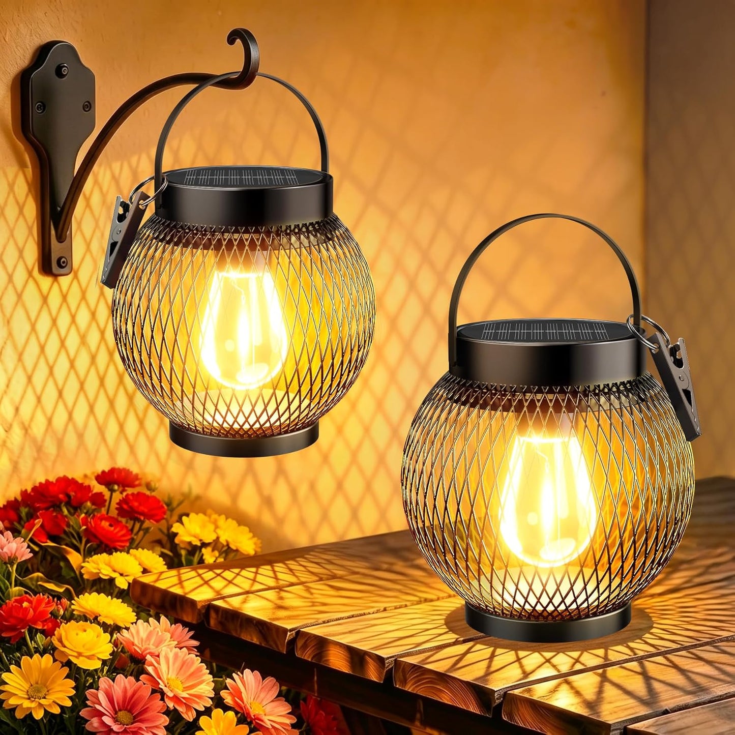 Lot of 2 - Solar Hanging Lantern Sets Outdoor LED Garden Lights 2 Pack