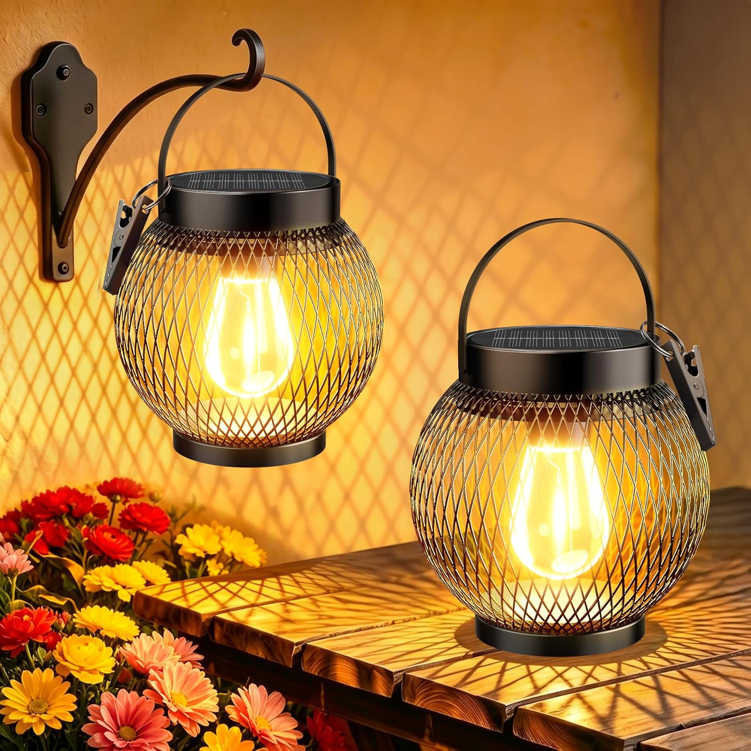 Lot of 2 - Solar Hanging Lantern Sets Outdoor LED Garden Lights 2 Pack