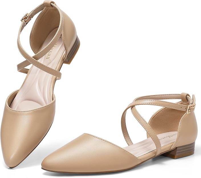 MaxMuxun Women's Nude Pointed-Toe Slingback Flats Size 6 by MaxMuxun