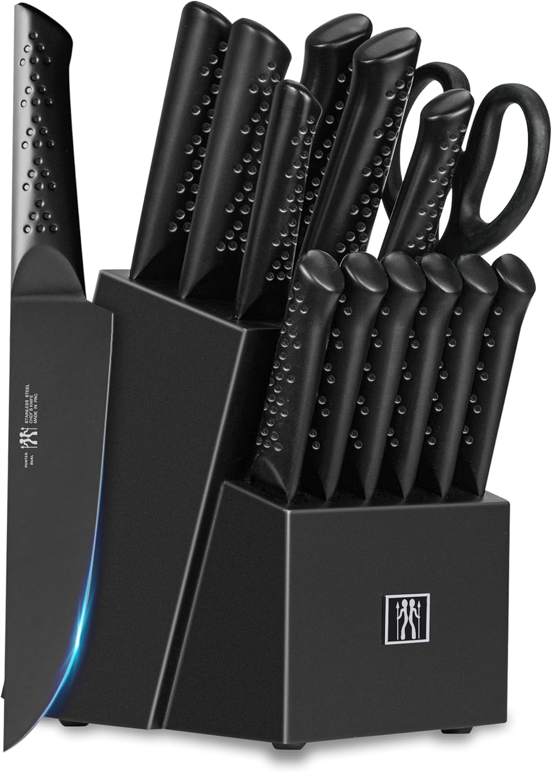 15 Piece Kitchen Knife Set with Block Sharpener Shears Stainless Steel by Hunter Dual