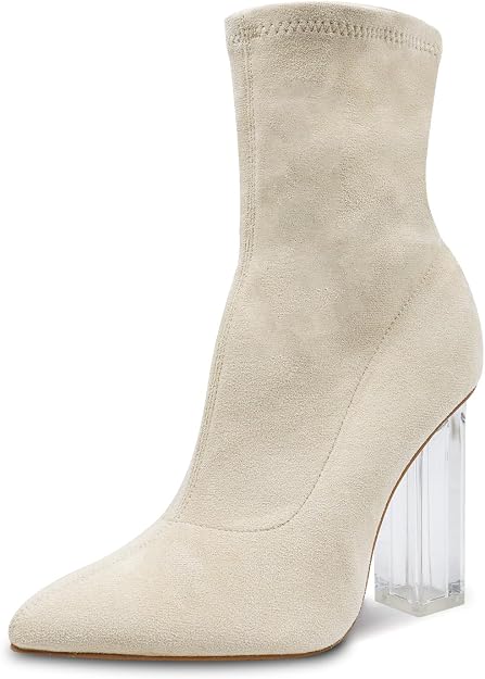 Women's Beige Stretch Sock Ankle Boots Clear Block Heel Size 10 / EU 42