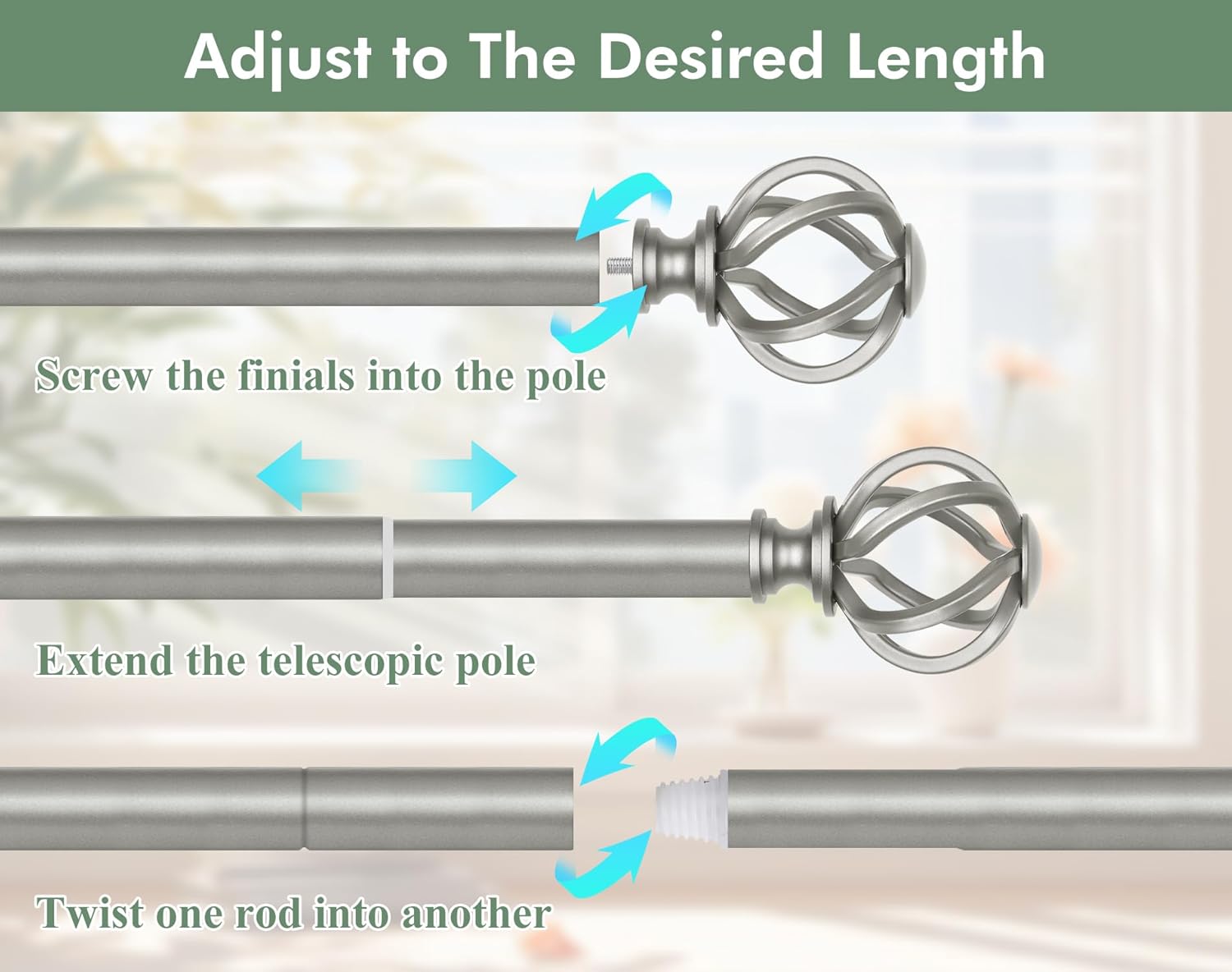 Lot of 6 - Adjustable Silver Curtain Rod Sets 66-120 in