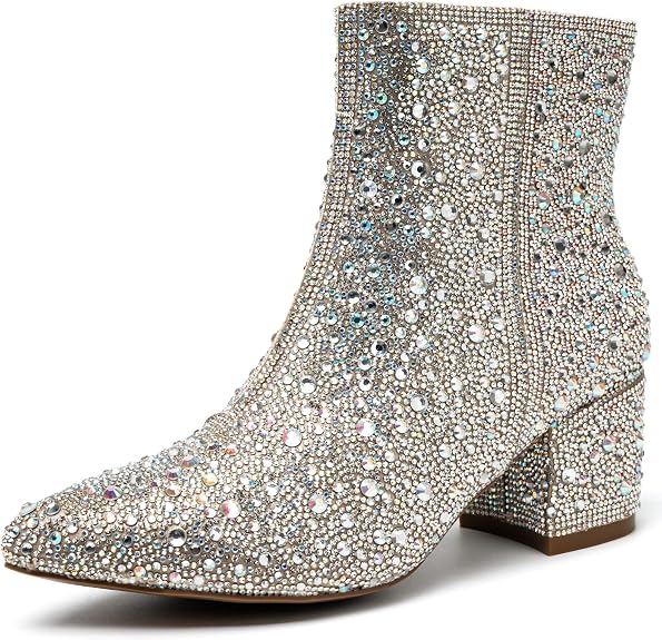 YAYONE Women's Rhinestone Ankle Boots Silver Block Heel Size 7.5 New by YAYONE