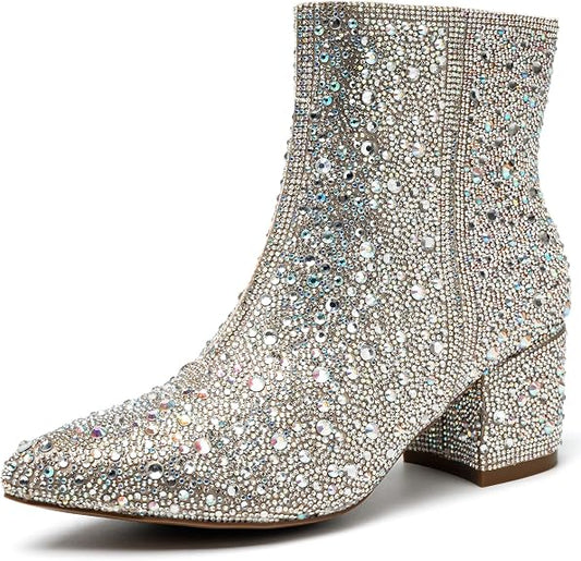 YAYONE Women's Rhinestone Ankle Boots Silver Block Heel Size 7.5 New by YAYONE