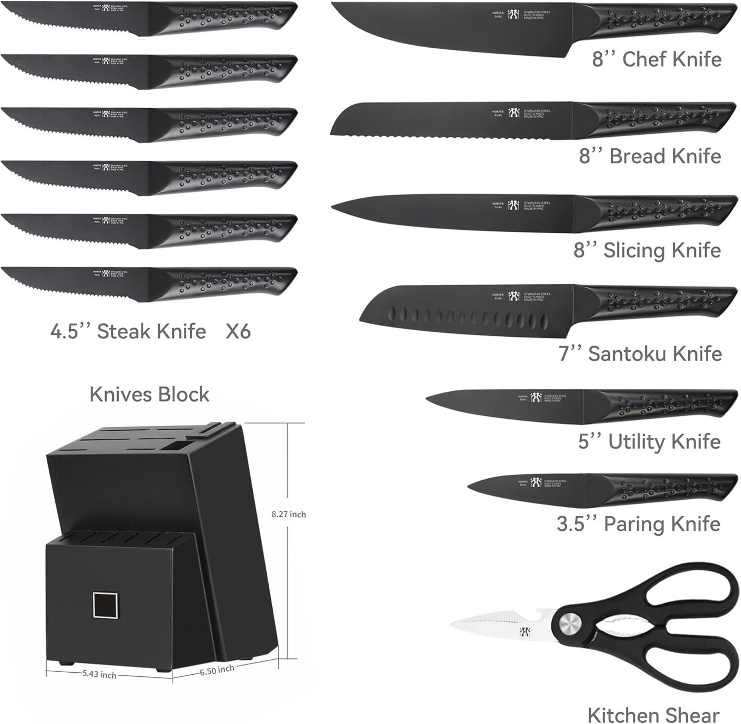 15 Piece Kitchen Knife Set with Block Sharpener Shears Stainless Steel by Hunter Dual