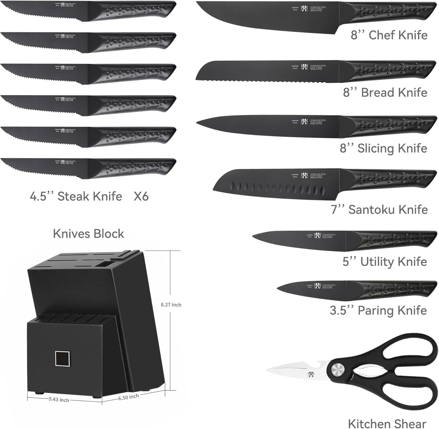 15 Piece Kitchen Knife Set with Block Sharpener Shears Stainless Steel by Hunter Dual