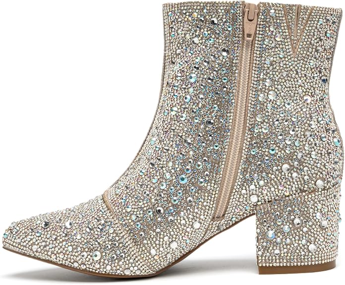YAYONE Women's Rhinestone Ankle Boots Silver Block Heel Size 7.5 New by YAYONE